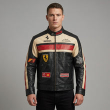 Load image into Gallery viewer, Men’s Black Leather Moto Jacket – Orange &amp; Grey Accent Racing Style
