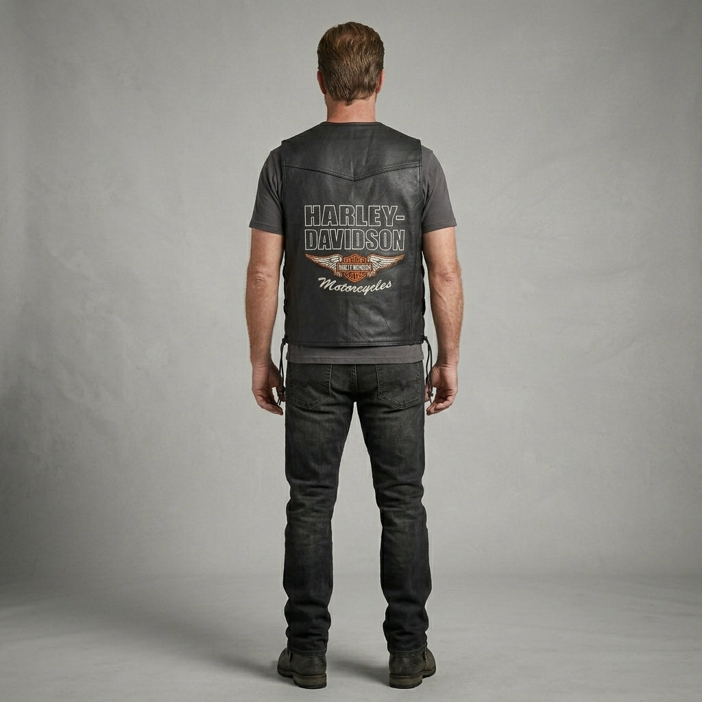 Herren Harley-Style Bikerweste aus echtem Leder – Club Cut mit Druckknöpfen