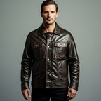 Men’s Brown Nappa Leather Bomber Jacket – Burgundy Piping Aviator Coat
