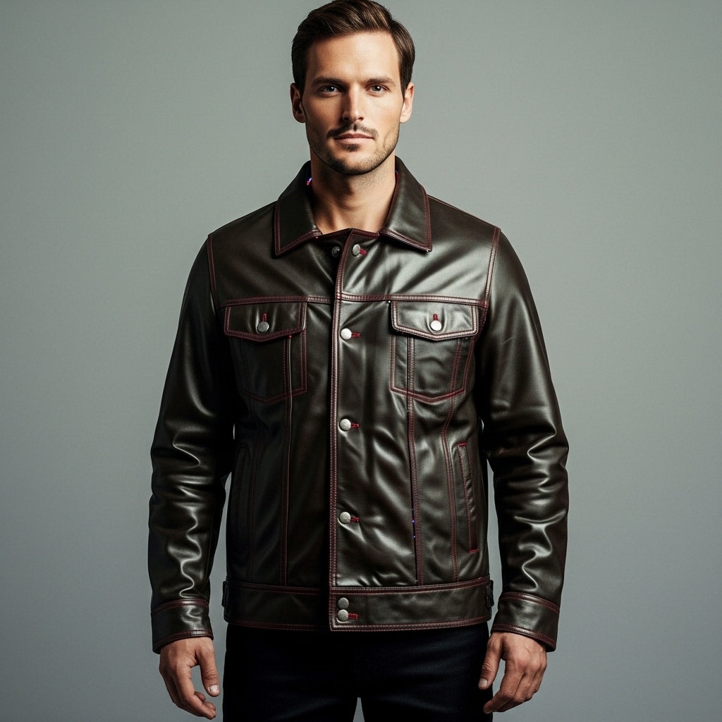 Men’s Brown Nappa Leather Bomber Jacket – Burgundy Piping Aviator Coat