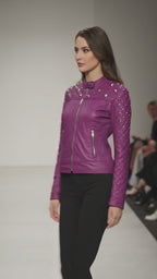 Royal Amethyst gesteppte Leder-Bikerjacke – Lila Moto mit goldener Hardware