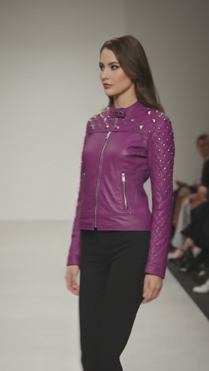 Royal Amethyst gesteppte Leder-Bikerjacke – Lila Moto mit goldener Hardware