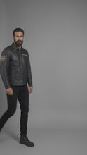 Load and play video in Gallery viewer, Men’s Vintage Harley-Style Leather Moto Jacket – Anniversary Graphic Edition
