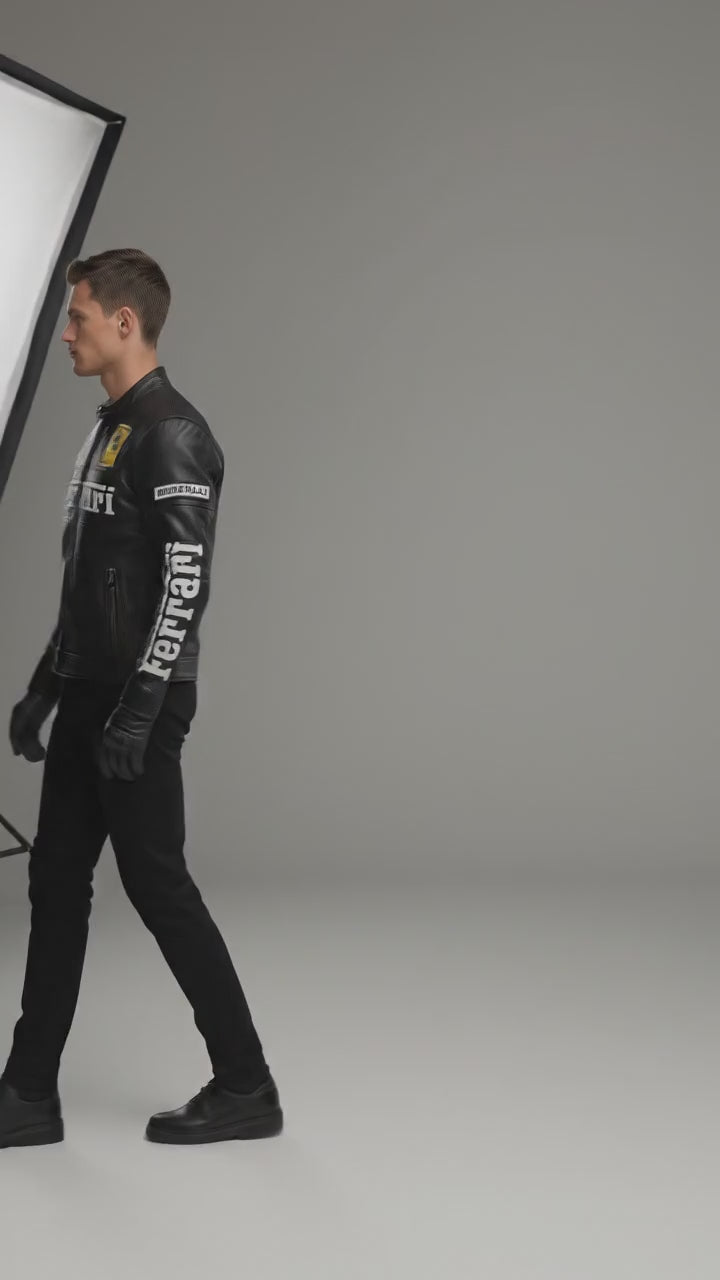 Leder-Rennsportjacke für Herren – Bestickte Brustschrift-Edition