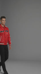 Men’s Classic Leather Moto Jacket – Orange & Cream Contrast Panel Design