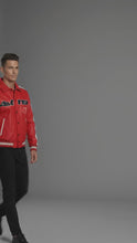 Load and play video in Gallery viewer, Men’s Classic Leather Moto Jacket – Orange &amp; Cream Contrast Panel Design

