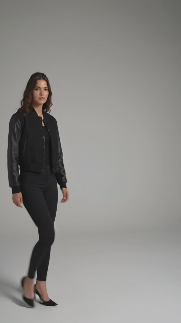 Damen Polo Ralph Lauren Schwarze verkürzte Leder-College-Jacke
