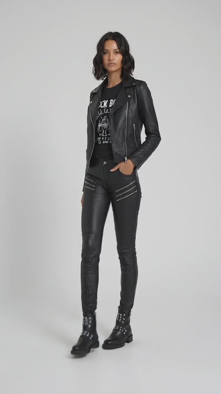 Damen Schwarze Echtleder Motorradhose – Slim Fit Biker Stil