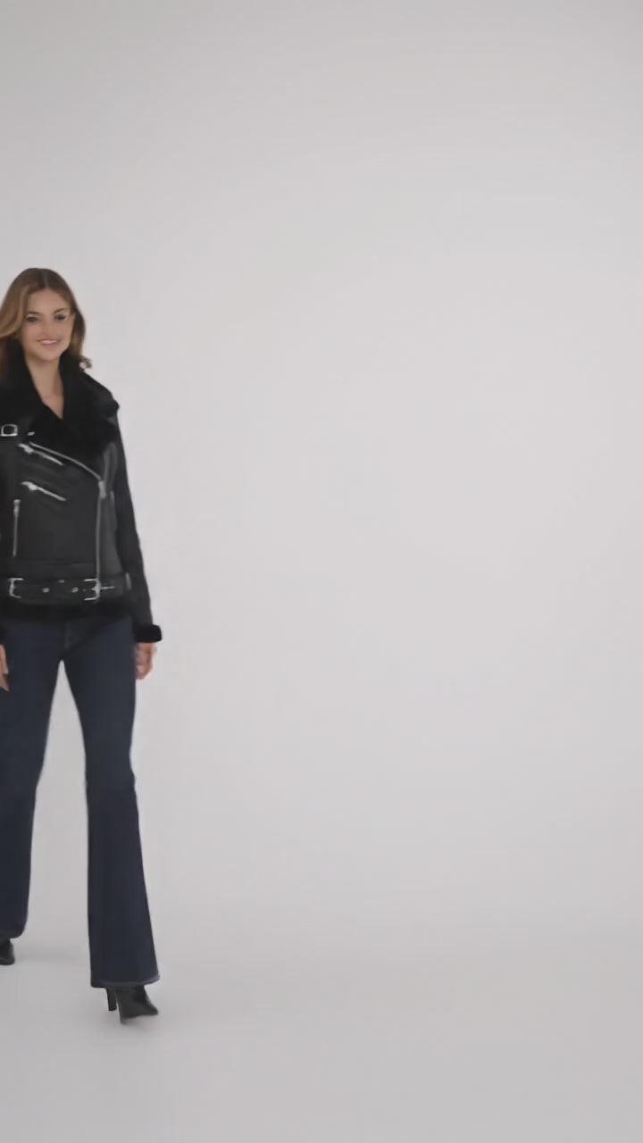 Damen Moya V schwarze Shearling Aviator Moto Jacke