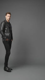 Men’s Black Studded Leather Biker Jacket – Genuine Moto Jacket with Silver Studs