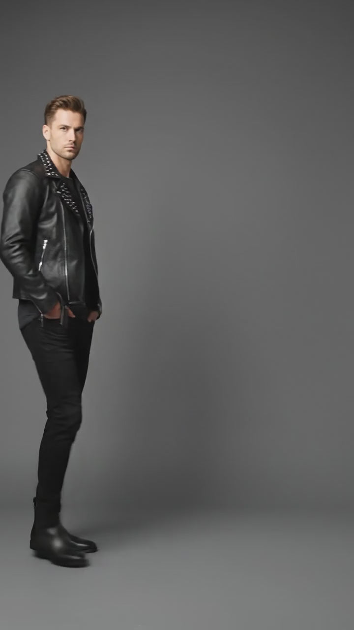 Men’s Black Studded Leather Biker Jacket – Genuine Moto Jacket with Silver Studs