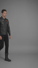 Load and play video in Gallery viewer, Men’s Harley-Davidson Style Black Leather Moto Jacket – Orange Script Edition

