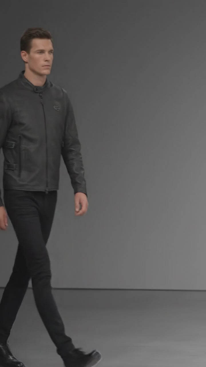 Herren-Bikerjacke aus mattem schwarzem Leder – verstellbare Schnalle im Moto-Stil