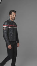 Load and play video in Gallery viewer, Men’s Indian Motorcycle Style Vintage Leather Biker Jacket – Embroidered Script Logo
