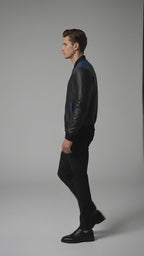 Men’s Black & Royal Blue Leather Bomber Jacket – Two-Tone Varsity Style