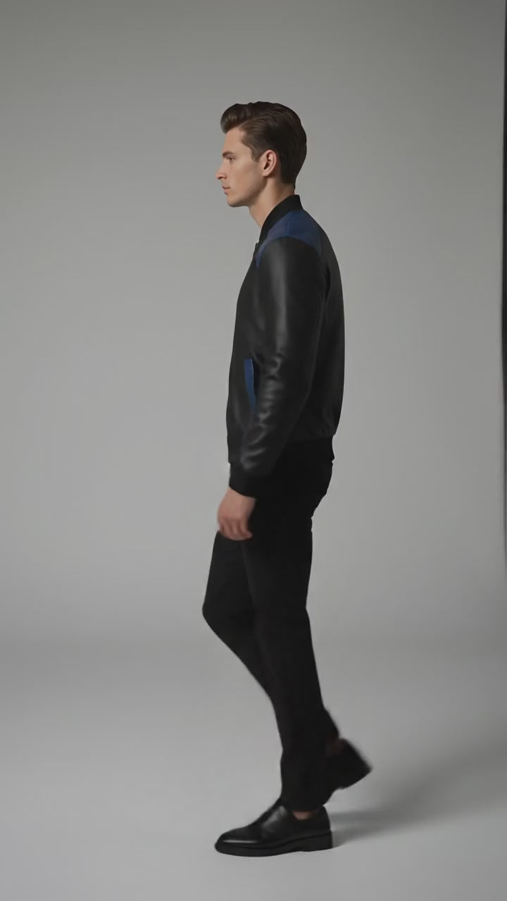 Men’s Black & Royal Blue Leather Bomber Jacket – Two-Tone Varsity Style