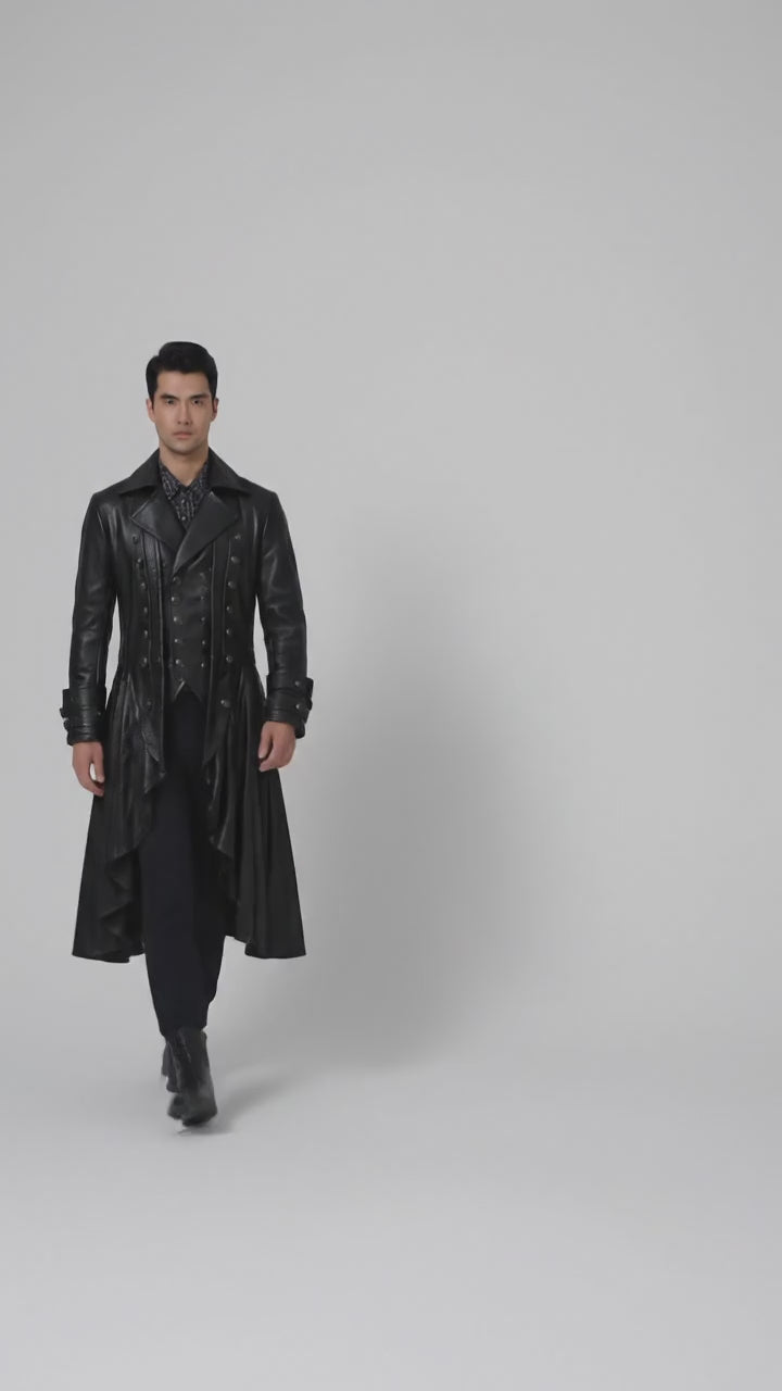 Men’s Black Steampunk Gothic Leather Tailcoat – Victorian Long Coat