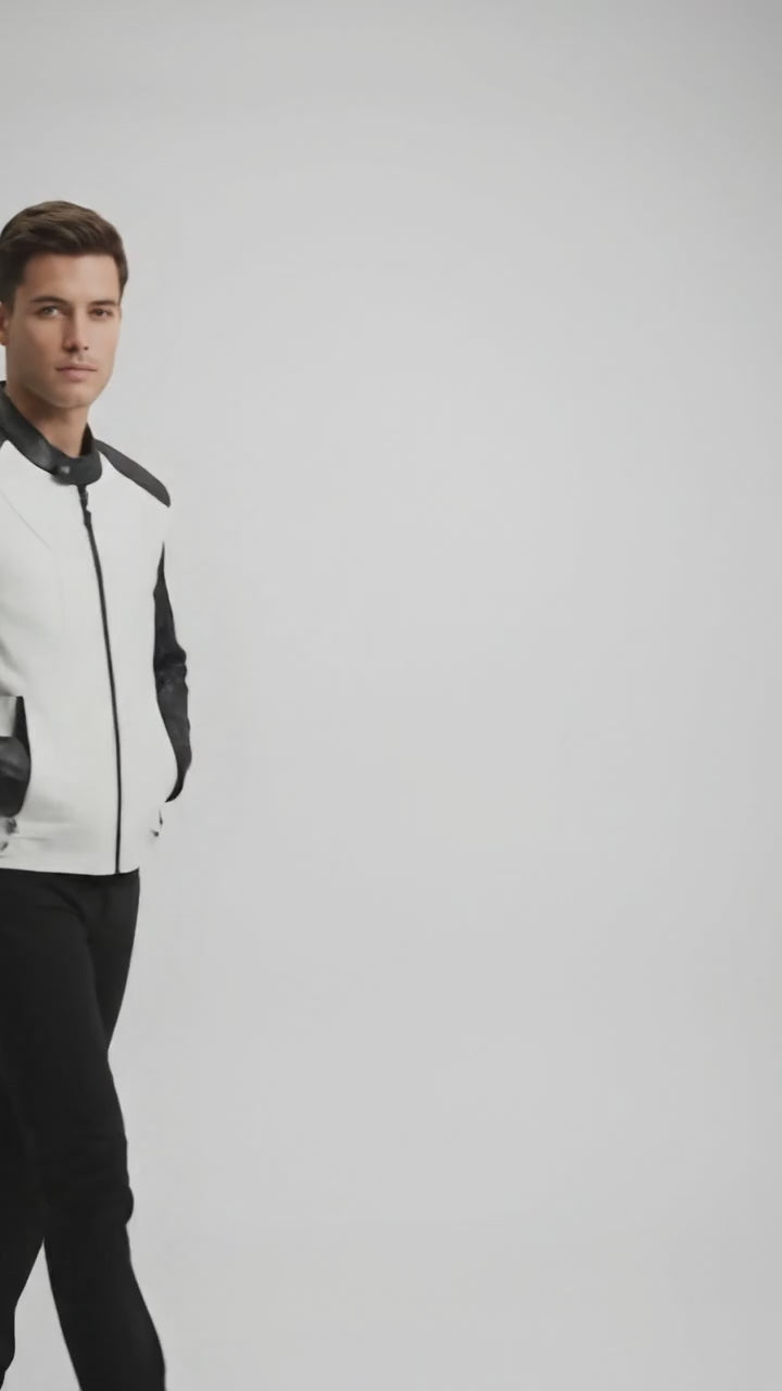 Men’s Two-Tone Cafe Racer Leather Jacket – Black & White Moto Style