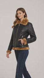 Damen Tressano Schwarze Pilotenjacke aus echtem Lammfell