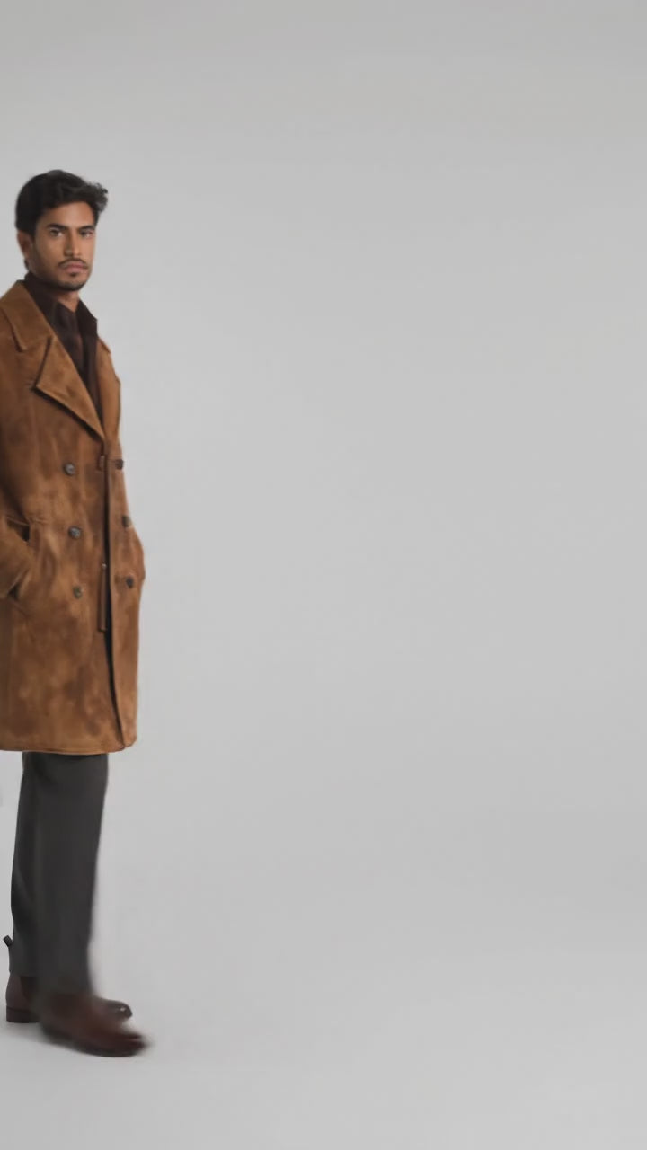 Men’s Vintage Brown Suede Leather Long Coat – Classic Retro Overcoat