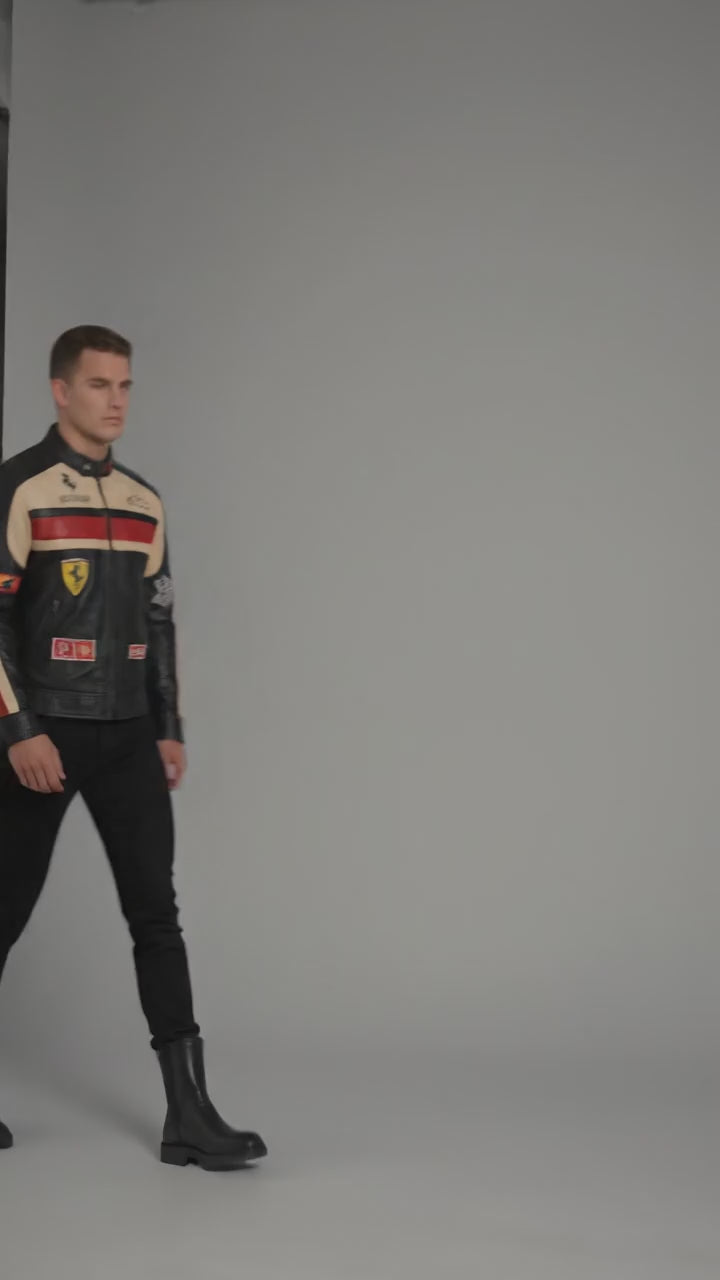 Men’s Black Leather Moto Jacket – Orange & Grey Accent Racing Style