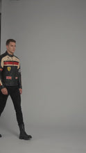 Load and play video in Gallery viewer, Men’s Black Leather Moto Jacket – Orange &amp; Grey Accent Racing Style
