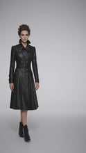 Load and play video in Gallery viewer, Women’s Black Gothic Victorian Leather Trench Coat – Elegant Long Statement Coat
