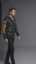 Load and play video in Gallery viewer, Men’s Leather Biker Jacket – Embroidered Star &amp; Heritage Script Moto Style
