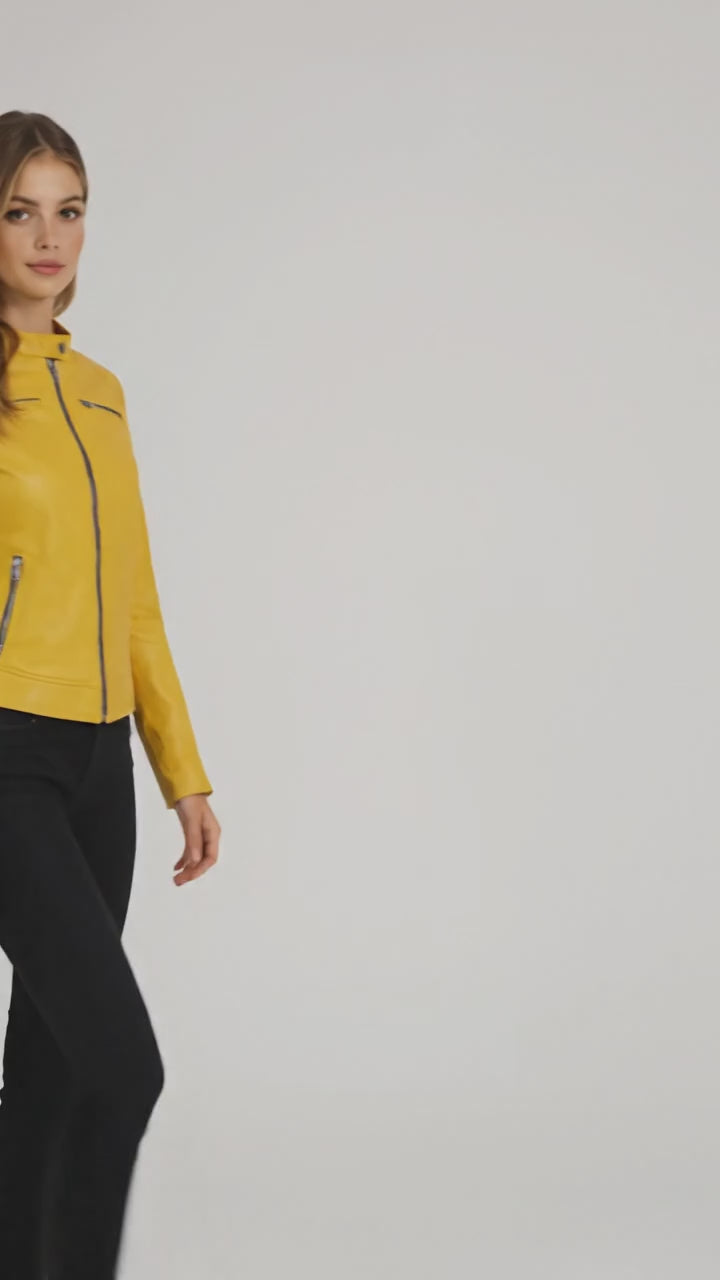 Damen Gelbe Cafe Racer Lederjacke aus Schafsleder