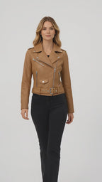 Damen braune Lederjacke mit Gürtel im Moto-Stil