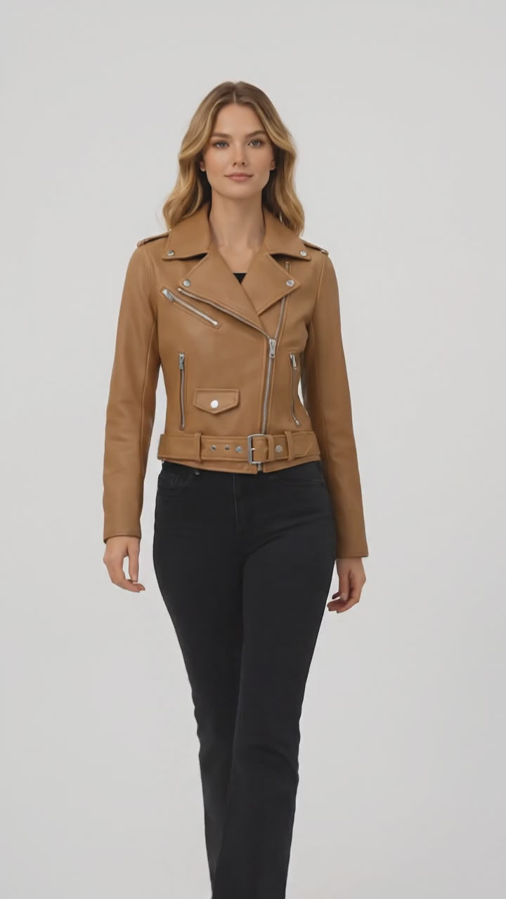 Damen braune Lederjacke mit Gürtel im Moto-Stil