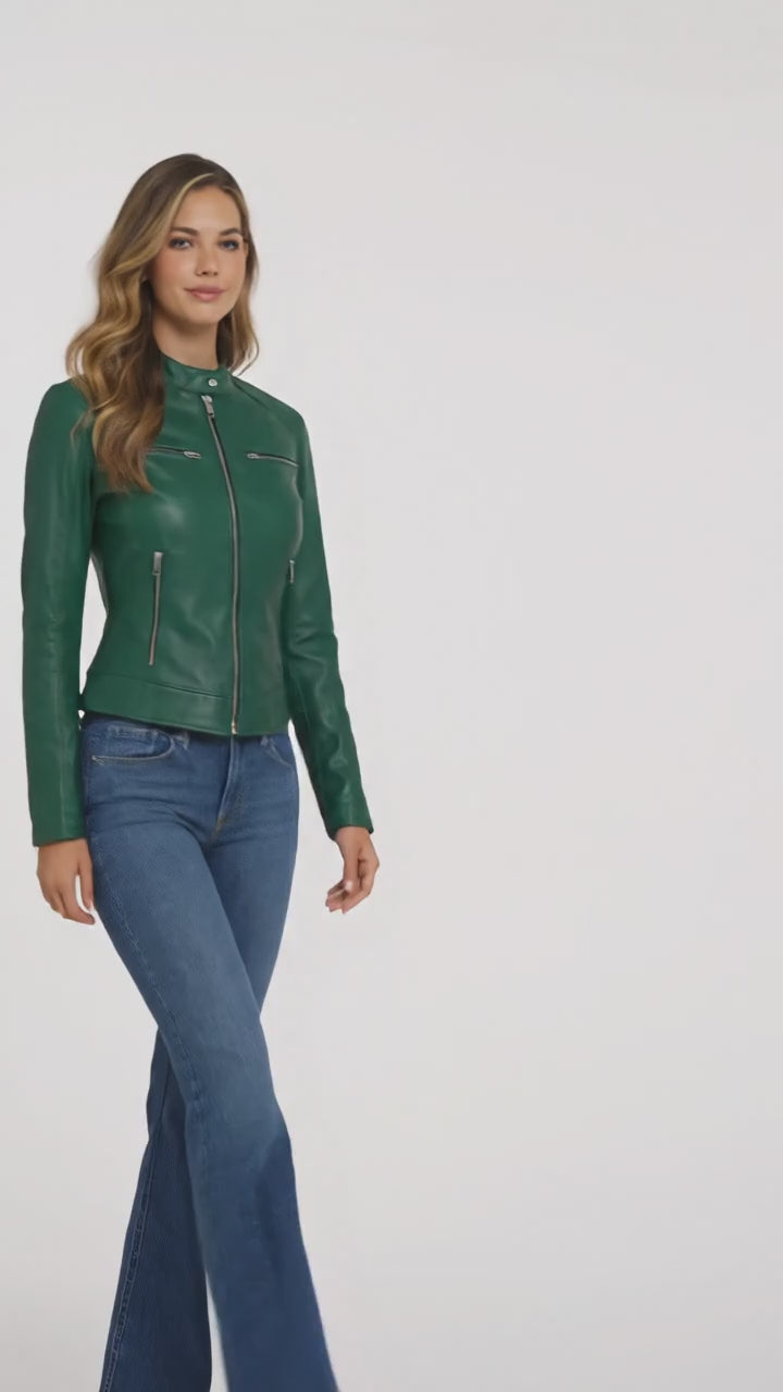 Grüne Cafe Racer Lederjacke für Damen