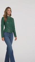 Load and play video in Gallery viewer, Women’s Green Cafe Racer Leather Jacket
