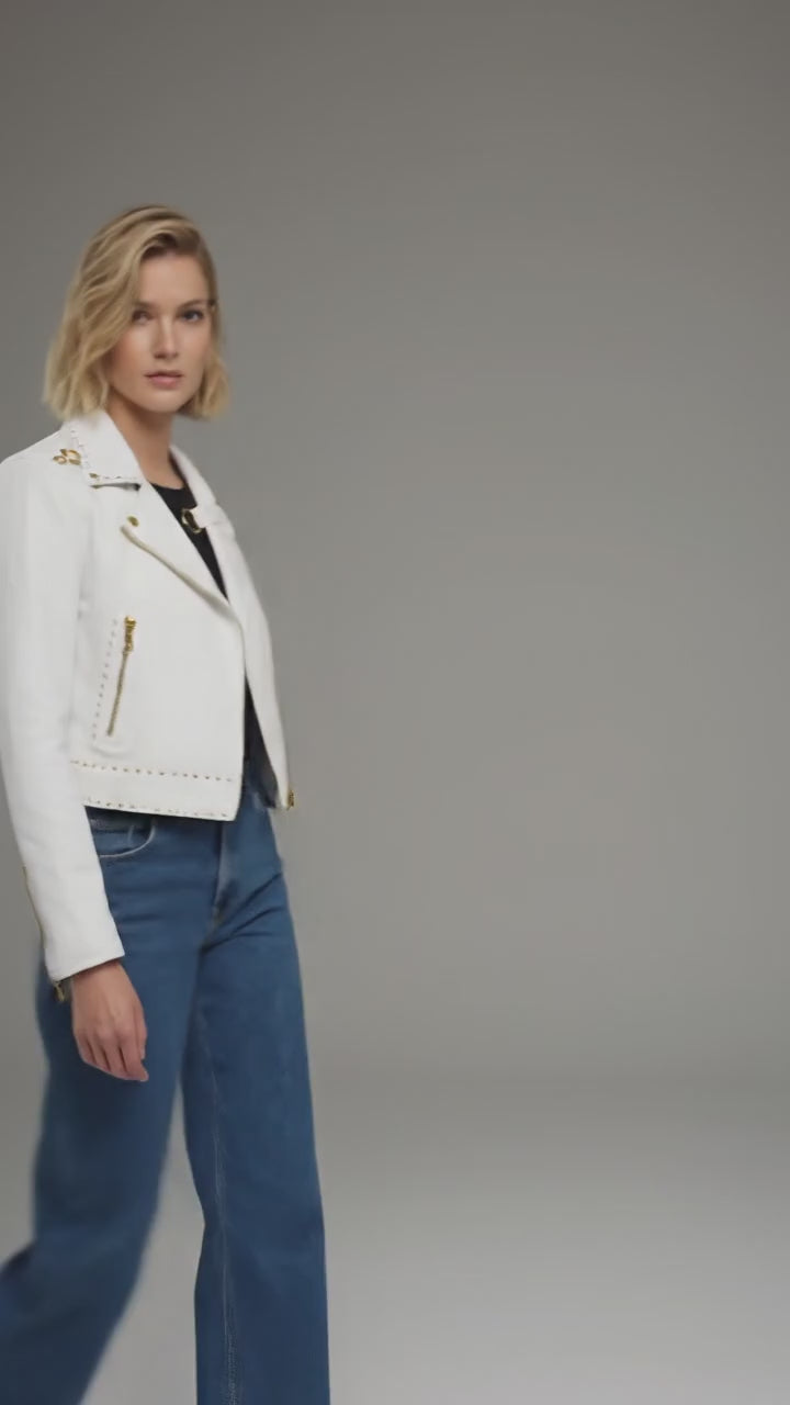 Signature Snow White Leather Biker Jacket – Gold Studded Luxury Moto