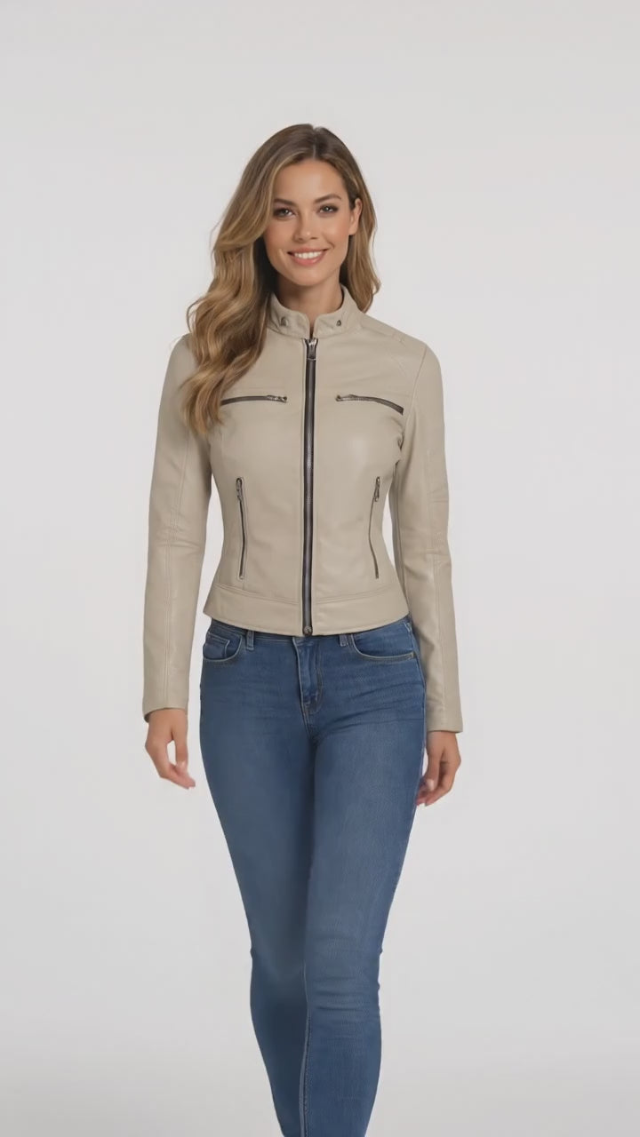 Decrum Beige Cafe Racer Lederjacke – Schmal geschnittene Bikerjacke