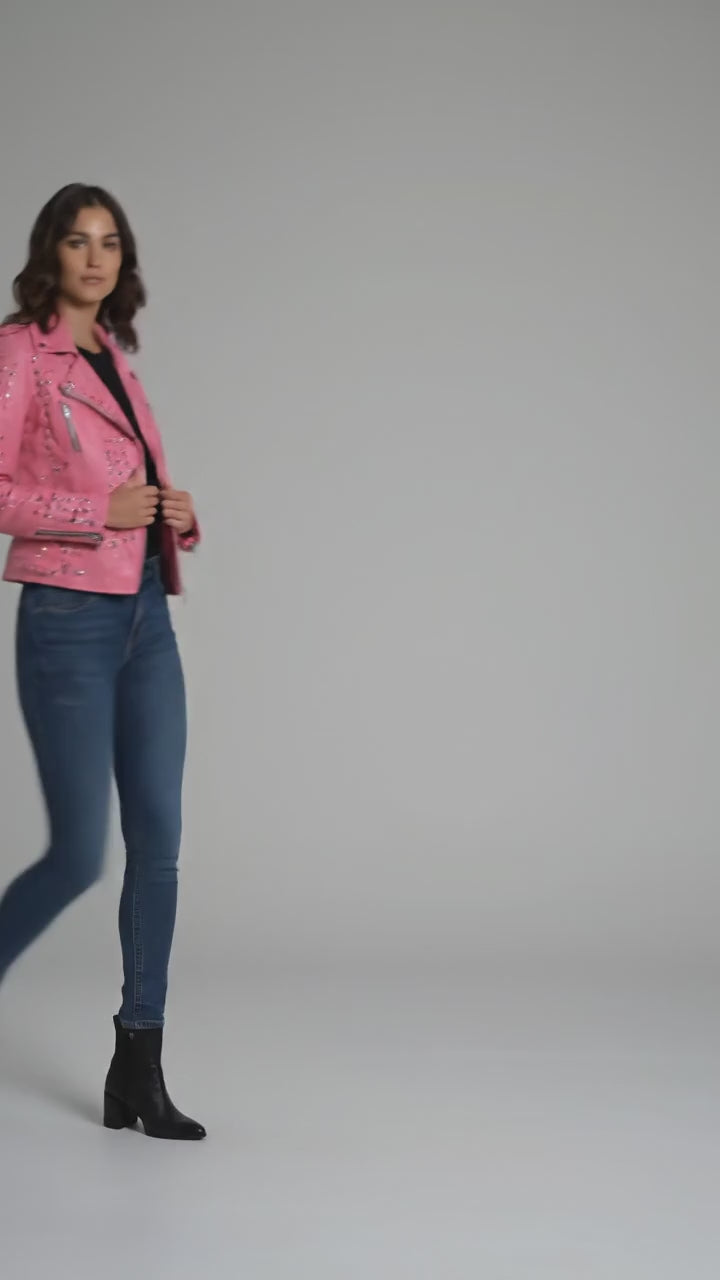 Women’s Pink Studded Leather Biker Jacket – Genuine Moto Jacket