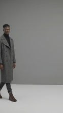 Load and play video in Gallery viewer, Men’s Manteco Herringbone Double Breasted Long Coat – Dark Gray Classic Fit
