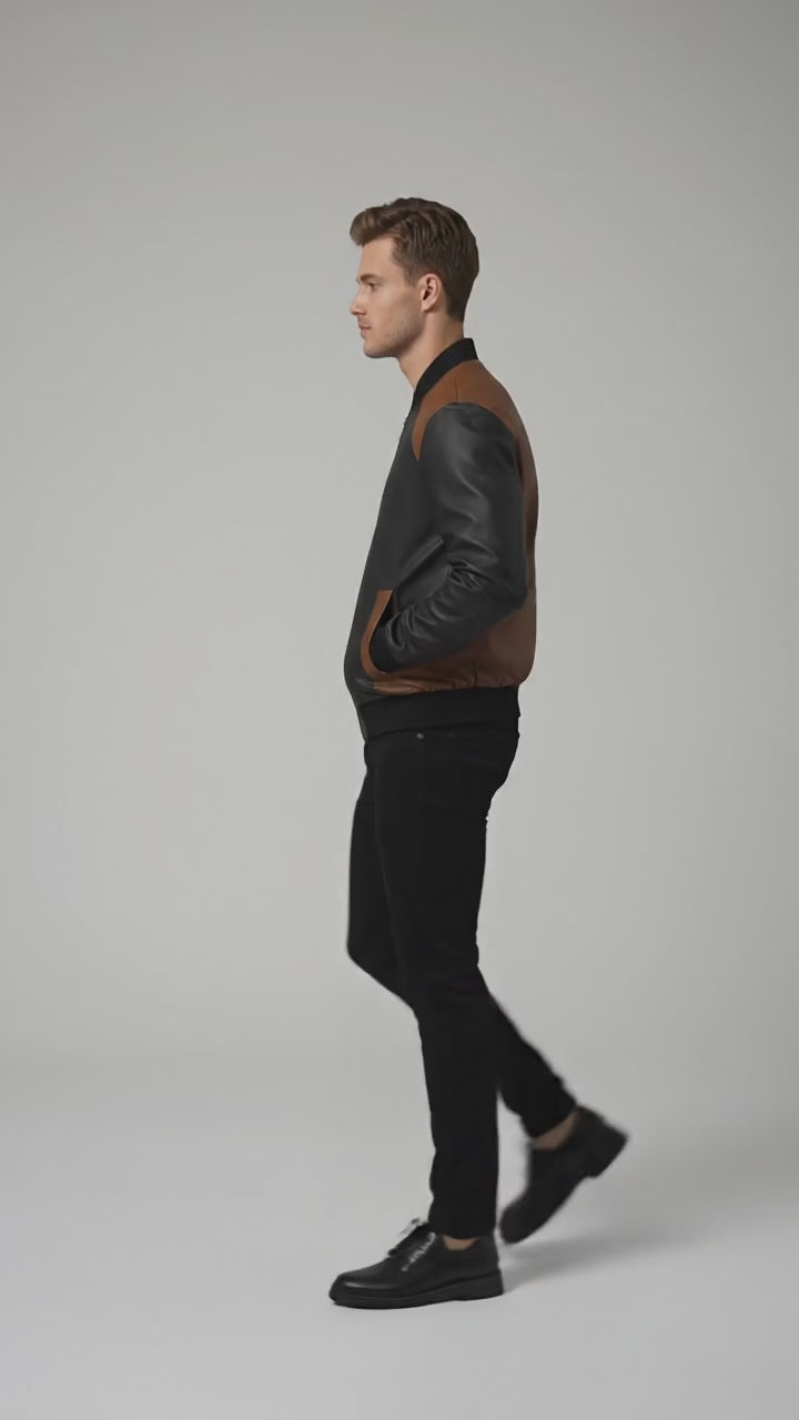 Men’s Tri-Color Leather Bomber Jacket – Real Varsity Style
