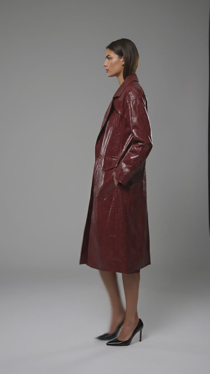 Damen Zweireihiger Leder-Trenchcoat – Eleganter, klassischer langer Übermantel