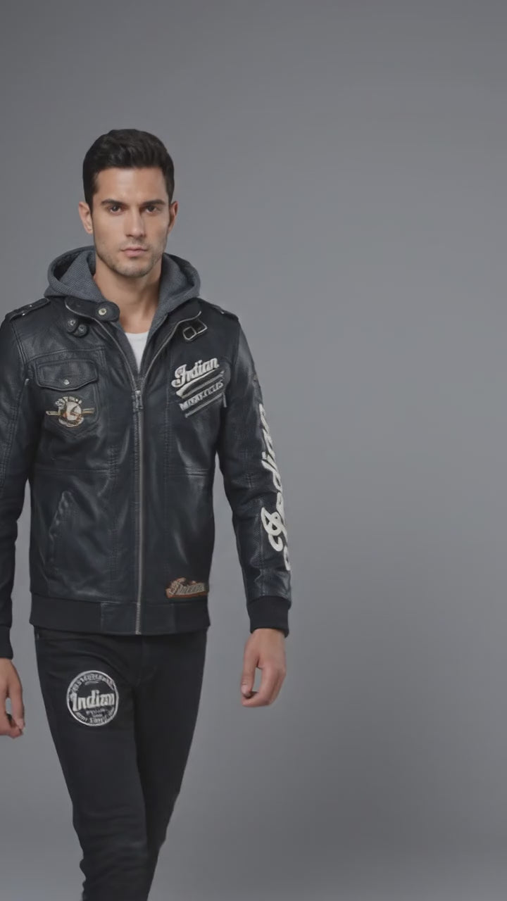 Herren Bikerjacke im Indianer-Stil aus Leder – Kapuzen-Lederbomberjacke