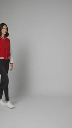 Damen Varsity Jacke Rot & Weiß – Knopfverschluss Rippstrick-Bündchen Bomberjacke