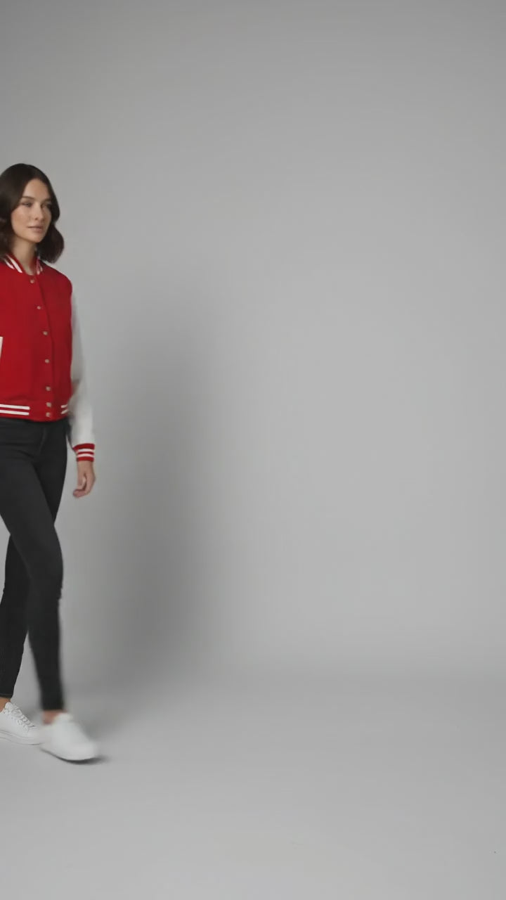 Damen Varsity Jacke Rot & Weiß – Knopfverschluss Rippstrick-Bündchen Bomberjacke