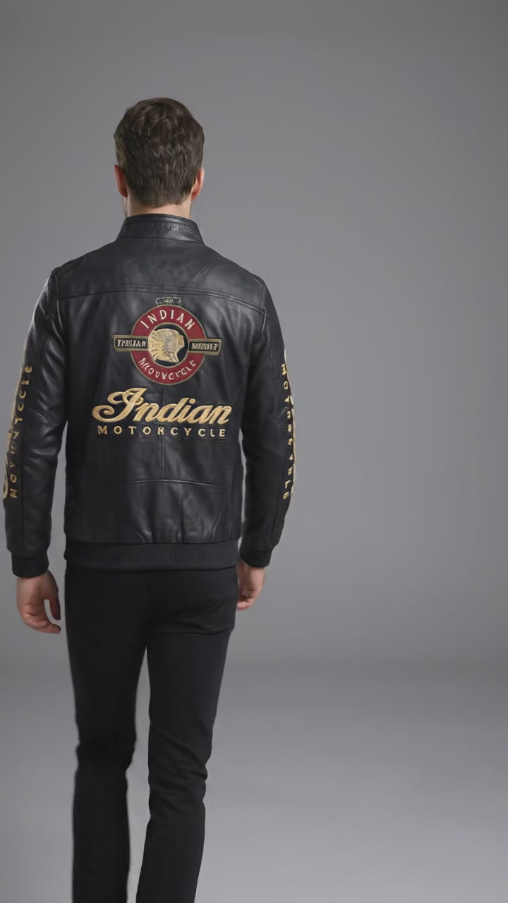 Herren Leder Racing Jacke im Indianer-Stil – Premium Schwarze Moto Bomberjacke