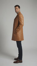 Load and play video in Gallery viewer, Men’s Camel Brown Leather Car Coat – Classic Driver Long Jacket
