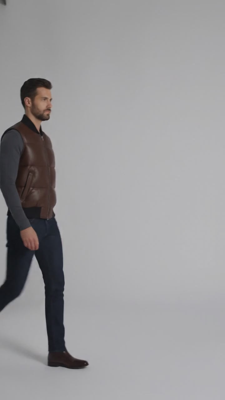 Brown Leather Puffer Vest for Men – Classic Warmth Edition