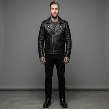 Load image into Gallery viewer, Men’s Rock Fan Leather Moto Jacket – Winged Embroidered Patch Biker Style
