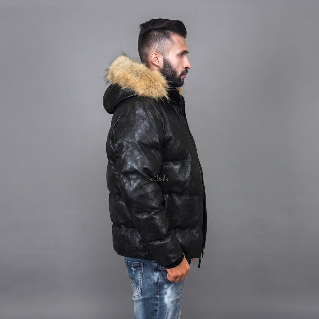 Men's Goose Down Leather Bomber Jacket