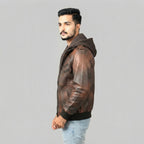 Men's Brown Leather Hooded Jacket