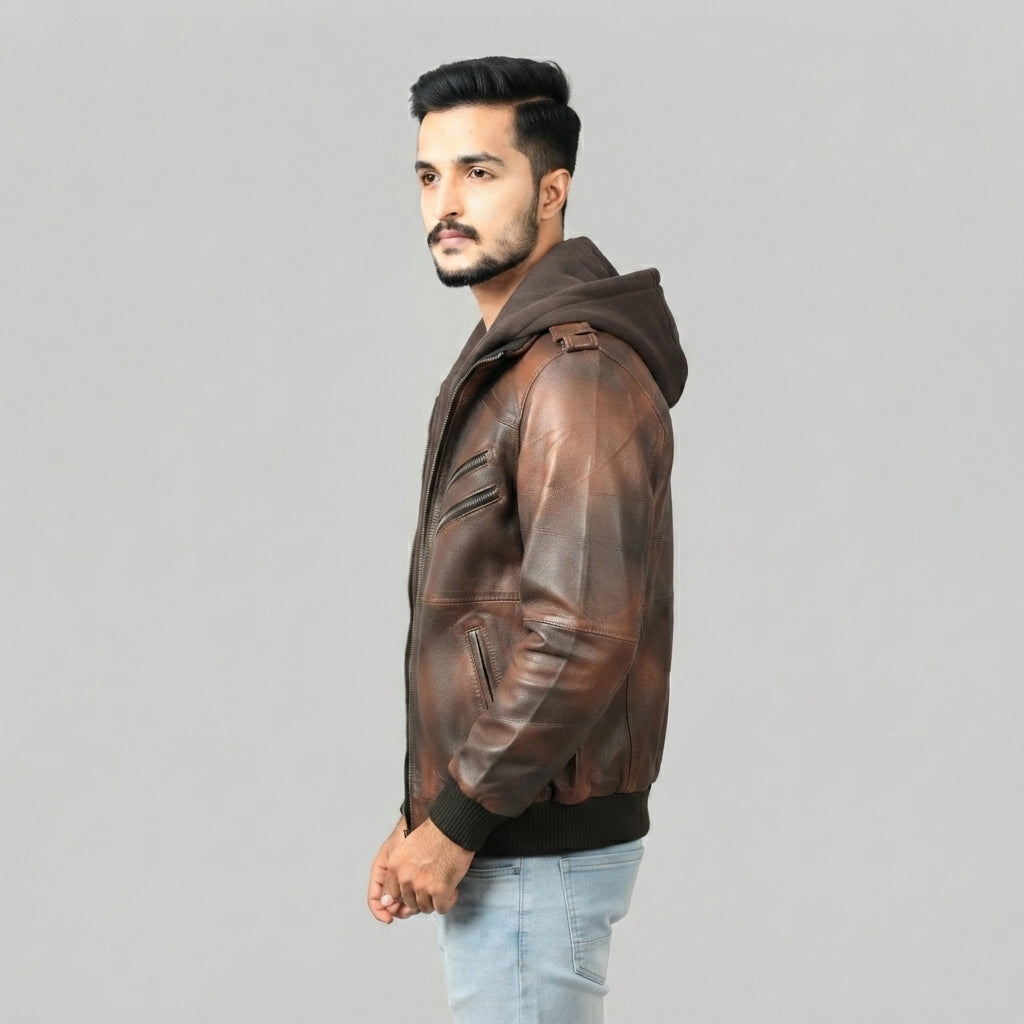 Men's Brown Leather Hooded Jacket