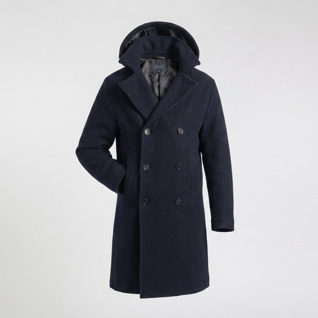 Men’s Dark Blue Fleece Peacoat – Classic Double Breasted Winter Coat